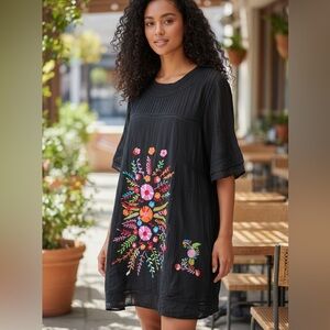 Ivy Jane Boho Embroidered Tunic Dress Top M Black Floral Festival Peasant